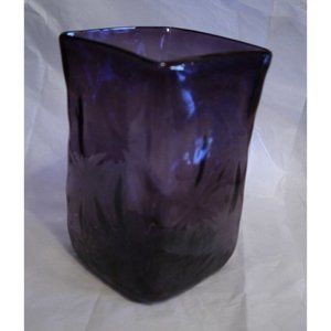 Vase Heavy Square Thick Hand Blown Purple Amethyst With Star Burst Art Glass